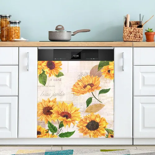 Vista 5 de Funda magnética de girasol amarillo para lavavajillas, cubierta magnética reutilizable para refrigerador, calcomanías para nevera y microondas
