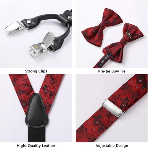 Vista 4 de HISDERN Tirantes para hombre Paisley Floral Pajarita Tirantes Bolsillo Cuadrado Conjuntos Ajustable Forma Y 6 Clips Tirantes de Boda