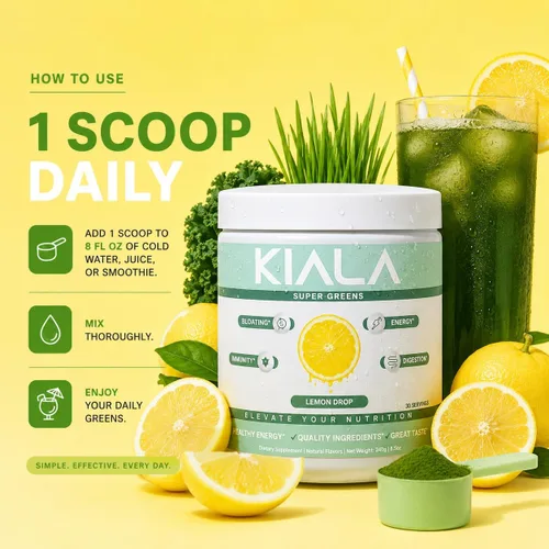 Vista 5 de Kiala Nutrition Super Greens, Polvo de vegetales orgánicos con espirulina y clorella para la digestión, salud intestinal, inmunidad, energía, sin