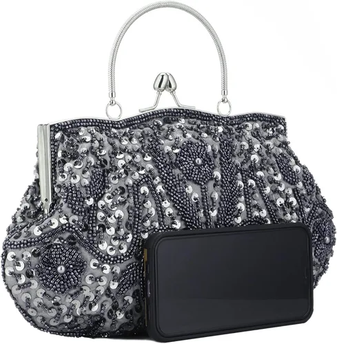 Vista 3 de Vistatroy Bolso de noche de diseño floral con cuentas con diseño de lentejuelas vintage cierre de beso bolso de mano de satén bolso de mano