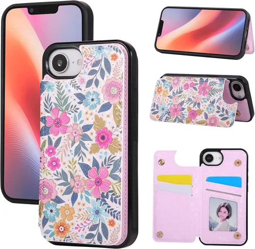 Vista 52 de UEEBAI Funda tipo cartera para iPhone 13 con tarjeteros, piel sintética, diseño floral, función atril, bloqueo RFID, doble cierre magnético, funda