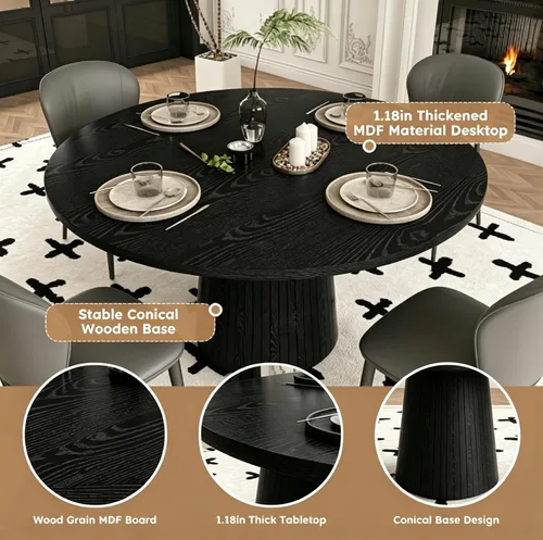 Vista 4 de Black Round Dining Table Set for 4, 47 In Kitchen Table with 4 Fabric Chair Farmhouse Circle Dinner Table with Heavy Duty Pedestal, Beige