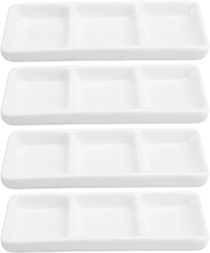 Vista 9 de Yardwe Bandeja rectangular de cerámica blanca con 3 compartimentos para condimentos y aperitivos, paquete de 2 unidades de 6 pulgadas