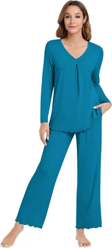 Vista 60 de NACHILA Women's Pajamas Set-Viscose Made from Bamboo, Long Sleeve Sleepwear Top with Pants Comfy Pajama Soft 2 Piece Pjs B-aqua Green