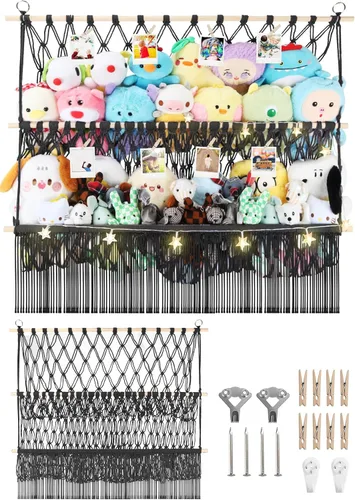 Vista 23 de Red de almacenamiento de animales de peluche de 2 niveles, 17 x 32 pulgadas, organizador grande de animales de peluche para pequeños rellenos