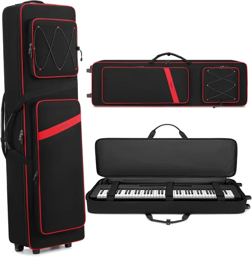 Vista 9 de BOSSTIN Funda para teclado de 61 teclas con ruedas, bolsa de piano rodante 61 Llave azul