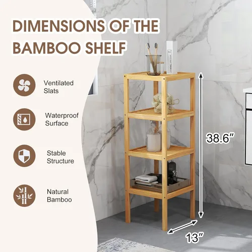 Vista 5 de kinbor Estante de almacenamiento de baño de bambú independiente, estantería de 4 niveles