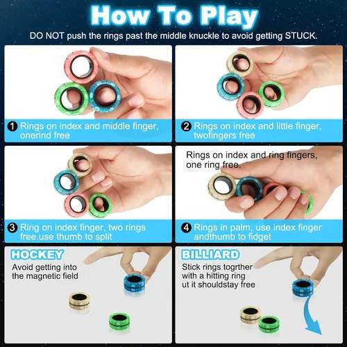 Vista 6 de Juego de anillos magnéticos giratorios para dedos, 9 piezas de anillos magnéticos que brillan en la oscuridad para entrenamiento, alivia el autismo