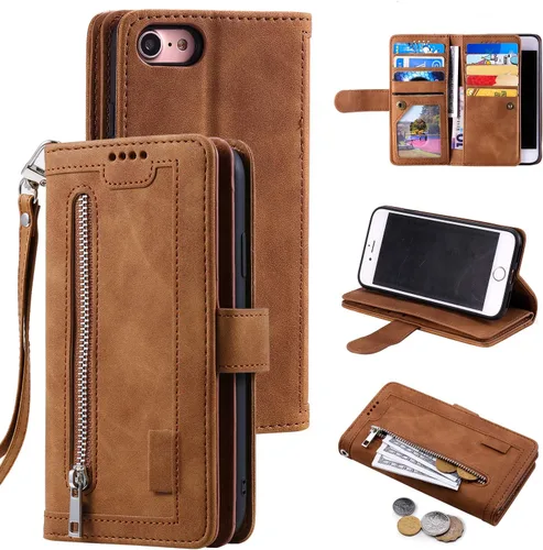 Vista 13 de UEEBAI Funda tipo cartera para iPhone SE 2022 5G/iPhone 7/iPhone 8/iPhone SE 2020, retro con 9 ranuras para tarjetas, bolsillo con cremallera, funda