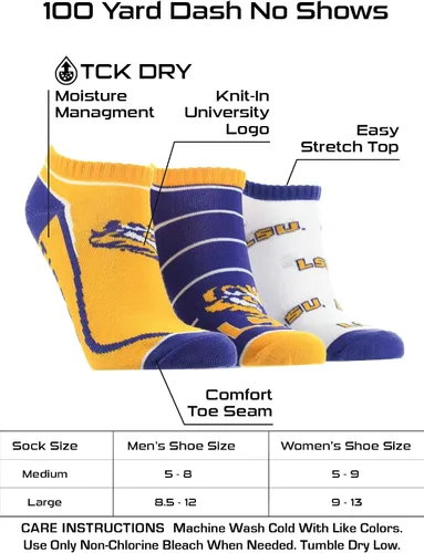 Vista 3 de TCK NCAA No Show Socks for Men and Women, Full Field 3 Pack, Low Cut Ankle Socks College Graduation Gift Lsu Púrpura/Oro/Blanco