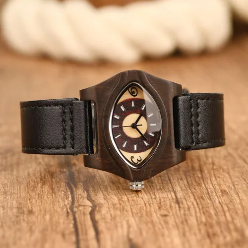 Vista 5 de Womens Wooden Watch with Leather Strap Quartz Analog Red Bamboo Wooden Watches for Women Unique Lightweight Handmade Wood Wrist Watch