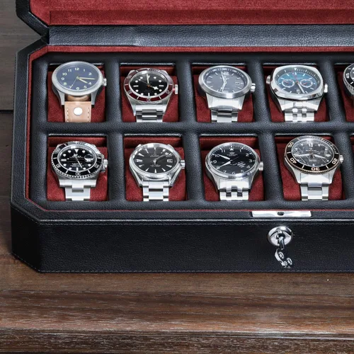 Vista 5 de ROTHWELL Caja de reloj de cuero con 12 ranuras, organizador de lujo para relojes, forro de microgamuza, soporte para relojes de joyería para hombre