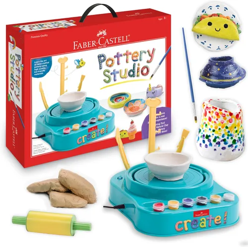 Vista 10 de Faber-Castell Neon Glow Pottery Studio: crea tus propios diseños de cerámica con rueda de cerámica alimentada por USB, arcilla seca al aire