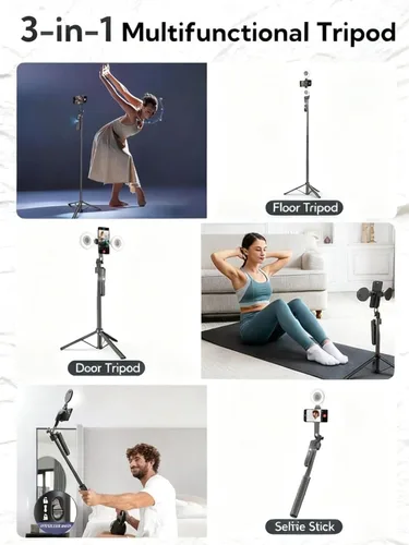 Vista 2 de Trípode negro para iPhone con luz, soporte de luz de anillo para iPhone, soporte ajustable para selfie stick con luz de relleno, trípode extensible