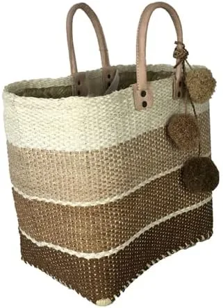 Vista 3 de Mar Y Sol Samana Ombre - Bolsa de playa con pompones y diseño de sisal