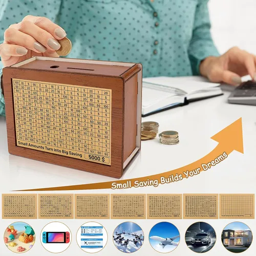 Vista 4 de Caja de dinero con contador, caja de dinero de madera reutilizable, alcancía retro con 500 1000 2000 3000 5000 10000 objetivo de ahorro de dinero