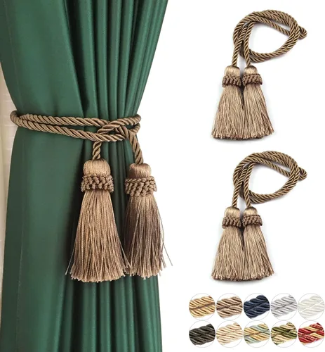 Vista 21 de Sujetadores de Cortina Hechos a Mano Decorativos Alzapaños de Cortina con Cuerda y Borla (Beige, 2P)