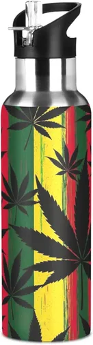 Vista 8 de BPA-Free Sports Water Bottle with Straw 20 Oz, Stainless Steel Water Bottle for Gym Outdoor Travel School, Black Leaves Colorful Stripes