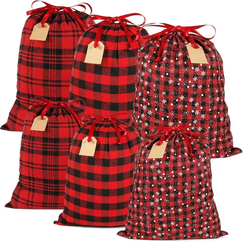 Vista 9 de HRX Package 2 bolsas de algodón de Papá Noel, bolsas de Navidad de tela a cuadros de 28 x 20 pulgadas, bolsas de Navidad reutilizables con etiqueta