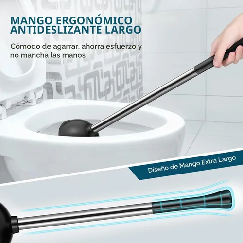 Vista 6 de Émbolo de inodoro y cepillo de inodoro con soporte de émbolo y cepillo de inodoro combinado con mango de acero inoxidable para limpieza de baño