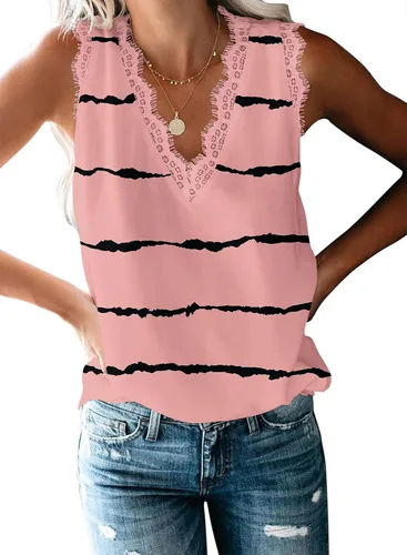 Vista 34 de VIISHOW - Camiseta sin mangas, sexy, con cuello en V y bordes de encaje para mujer, camisola de vestir, camisas de gasa, sin mangas, casuales