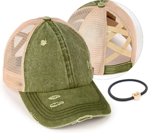 Vista 69 de C.C Gorra de béisbol de malla con diseño de estrella brillante, gorra de camionero ajustable para moño o cola de caballo Una banda elástica-negro