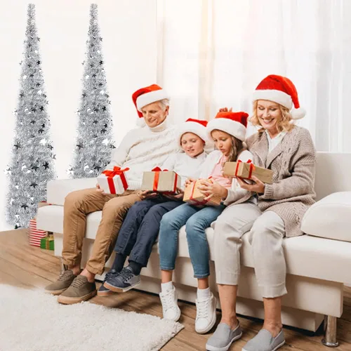 Vista 5 de 6FT Silver Pop up Christmas Tree, Collapsible Christmas Tree Árbol de Navidad de oropel de lentejuelas brillantes, árbol de Navidad artificial fácil