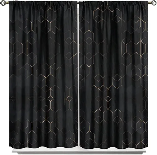 Vista 18 de Cortinas Negras con Dobladillo Dorado, Cortinas Opacas con Bolsillo para Barra con Estampado de Rayas de Foil en Onda Dorada para Decoración de Negro