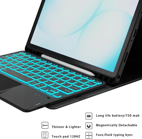 Vista 8 de Funda para Galaxy Tab A9+/A11+ de 11 pulgadas con teclado - Funda de tableta inalámbrica desmontable retroiluminada de 7 colores con panel táctil
