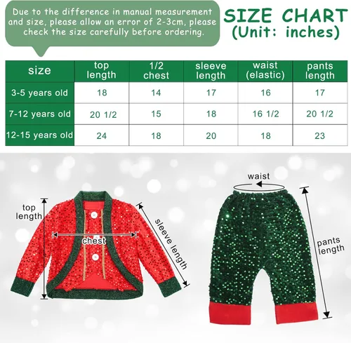 Vista 2 de A ANLEOLIFE Disfraz de elfo de Navidad para niños con lentejuelas y cinturón de campanas (versión actualizada 2021)