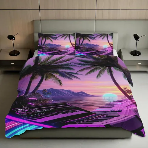 Vista 15 de Vaporwave - Juego de funda de edredón con cierre de cremallera, funda de edredón neón océano de 3 piezas, funda de edredón de microfibra suave con 2