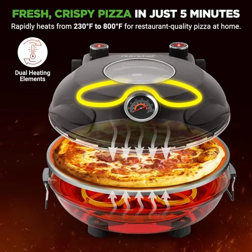 Vista 2 de NutriChef Horno eléctrico para pizza Máquina de pizza de encimera de 1200 W con control de temperatura y termómetro Ventana de visualización