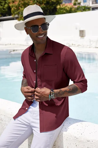 Vista 4 de COOFANDY Camisa casual con botones para hombre, camisa de cambray de lino de manga larga