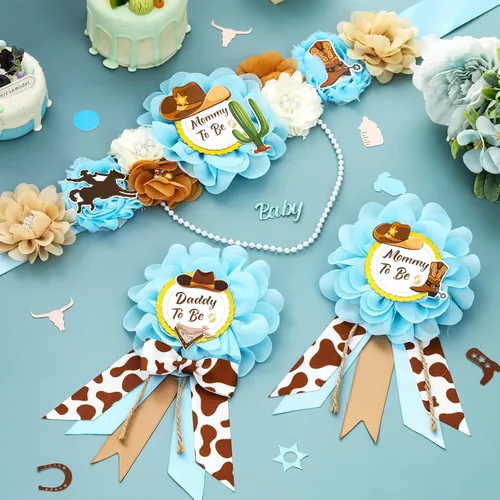 Vista 2 de Decoraciones de vaquero para baby shower, banda de maternidad de vaquero azul para baby shower, diseño de vaquero para mamá para ser papá para baby