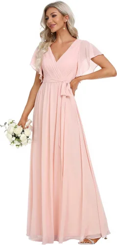 Vista 3 de Ever-Pretty Vestido de noche formal de gasa con cuello en V y mangas para mujer 0164A