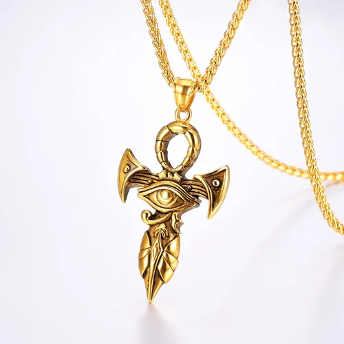 Vista 2 de U7 Horus Necklaces for Men Women, Stainless SteelBlackGold Plated Ankh Cross Egyptian Symbol Jewelry, Eye of Horrus Pendant with 22 Inch Chain