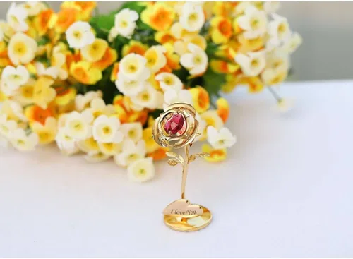 Vista 4 de Matashi I Love You Rose Flower - Adorno de mesa chapado en oro de 24 quilates con cristales rojos Arreglo floral de metal Cumpleaños, regalos