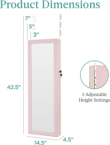 Vista 7 de Best Choice Products Armario de joyería con espejo LED, organizador de joyas con cerradura para pared o puerta con espejo, 2 cajones, cerradura
