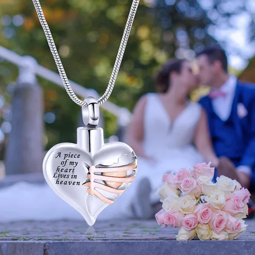 Vista 33 de Imrsanl Collar con dije de urna de cremación en forma de corazón para cenizas humanas – Un pedazo de mi corazón vive en el cielo