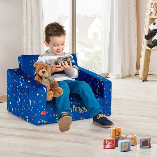 Vista 9 de Costzon Sofá para niños, sofá infantil abierto 2 en 1 con tela de terciopelo, bolsillos de almacenamiento, reposabrazos para niños pequeños, cama