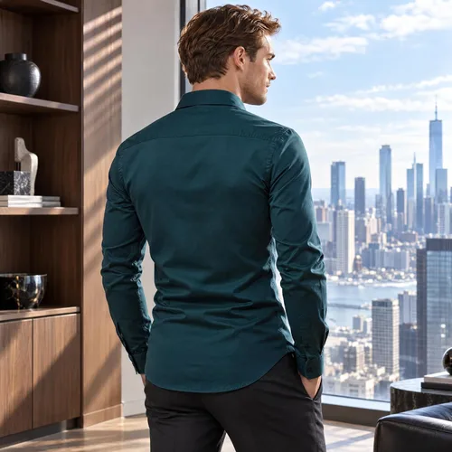 Vista 3 de Camisas de vestir con botones, manga larga, estilo casual, para hombre, con bolsillo en el pecho Azul (Acid Blue)