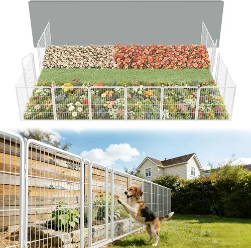 Vista 9 de FXW Valla de jardín al aire libre para el patio, 17 pulgadas de alto x 29.3 pies de largo, barrera de metal resistente para animales, para perros