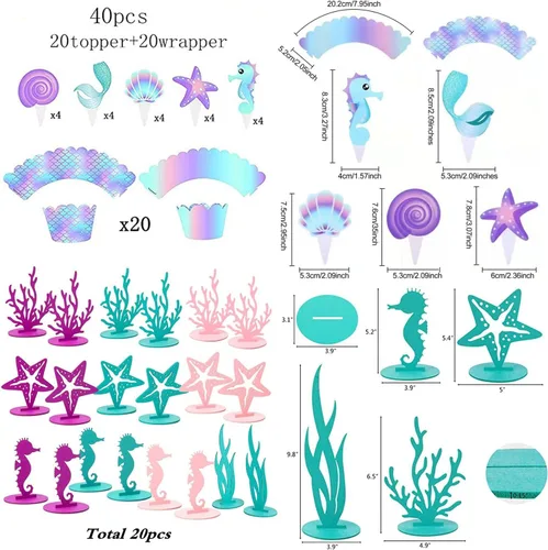 Vista 2 de 61 piezas de suministros de decoración de cumpleaños de sirena para tema oceánico, incluye 20 centros de mesa de fieltro, 40 envoltorios de cupcakes
