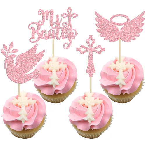 Vista 11 de Gyufise 24 piezas de decoración de pastel de Dios bendiga y decoración de bautizo para cupcakes, cruces de Dios bendiga, adornos de cupcake
