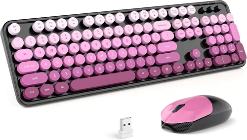 Vista 15 de MOFII Combo de teclado y mouse inalámbricos, teclado retro con teclas redondas de colores, conexión USB Plug Play de 2.4 GHz para PC, laptop