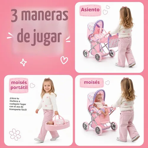 Vista 4 de Cochecito convertible de muñeca con moisés de viaje extraíble para niños, asa ajustable, con toldo y cesta de almacenamiento, 25 pulgadas