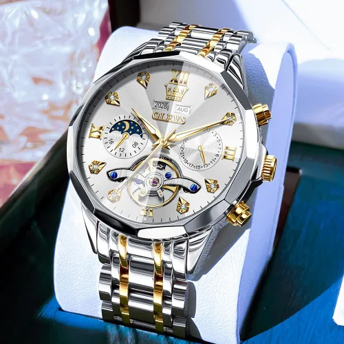 Vista 47 de OLEVS Reloj de pulsera automático con diseño de esqueleto para hombre, de lujo, con diamantes de lujo, de acero inoxidable, calendario, reloj