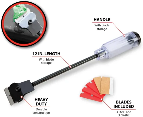 Vista 2 de Performance Tool W233 Raspador de Extensión de Largo Alcance de 12 Pulgadas con 3 Piezas de Cuchillas Raspadoras de Plástico de Doble Filo y 3
