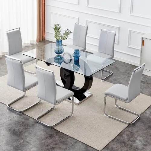 Vista 11 de Juego de mesa de comedor de 63 pulgadas para 4, moderno juego de mesa de comedor de vidrio templado para 4, para el hogar, cocina, sala de estar