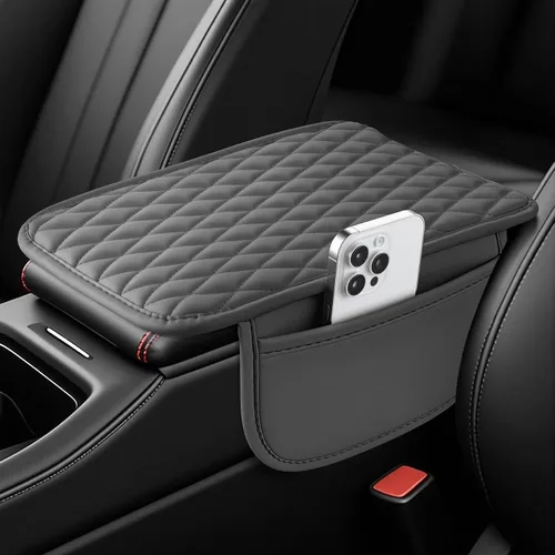 Vista 10 de Amiss Funda para consola central de automóvil, cojín de reposabrazos de automóvil de cuero mejorado con 2 bolsillos de almacenamiento, almohadilla